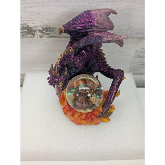 Purple Dragon Wizard Crystal Ball Resin Figurine Statue Fantasy Flames Glitter - Picture 2 of 14